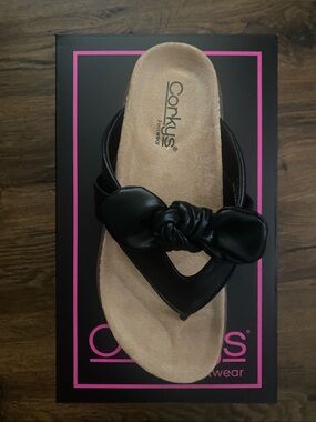 Corkys Black Knotted Thong Sandal with Tan Footbed